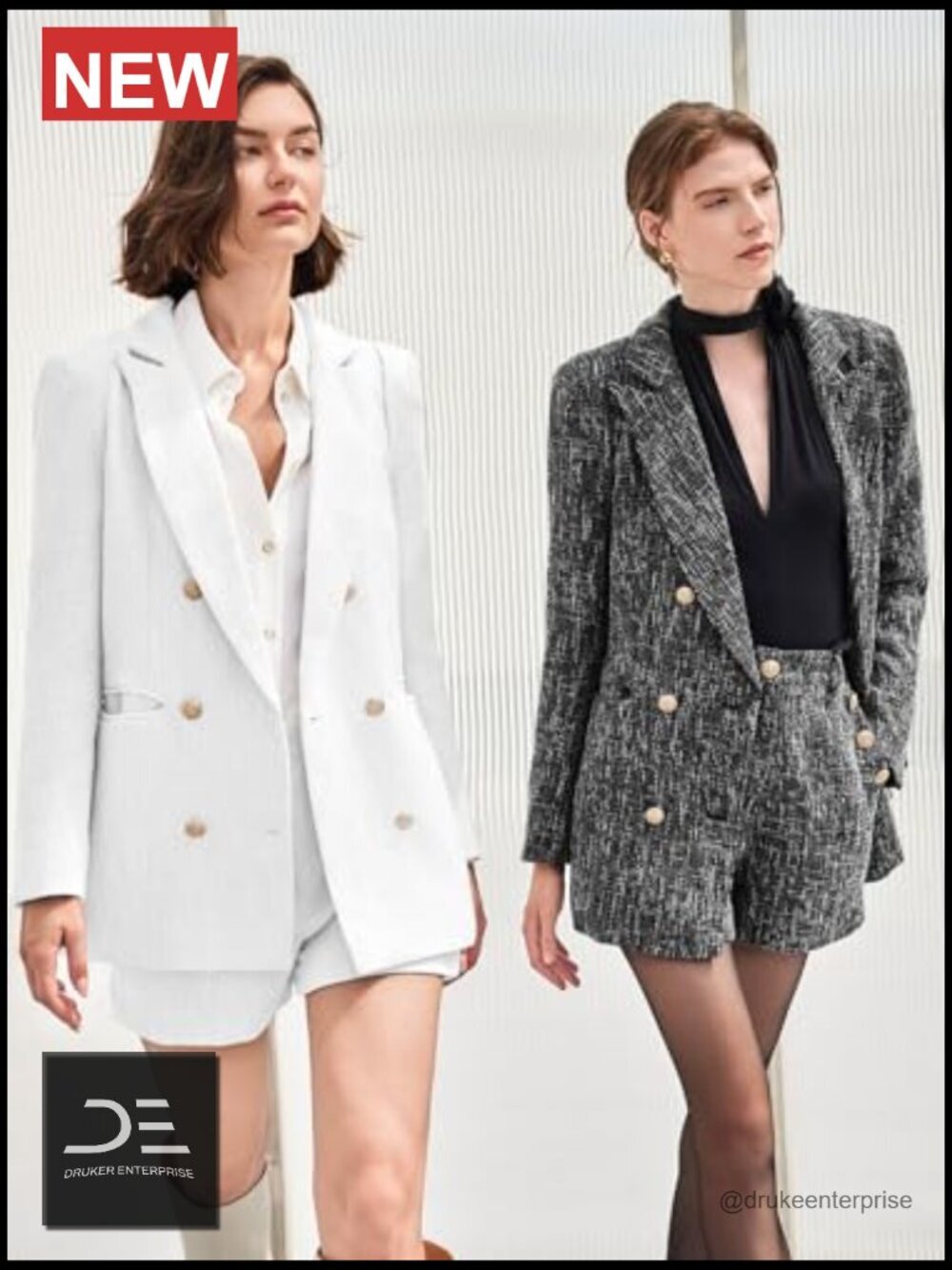 Tweed Blazer and Shorts Set - 2 Piece Double Breasted Suit Jacket - Picture 4 of 7